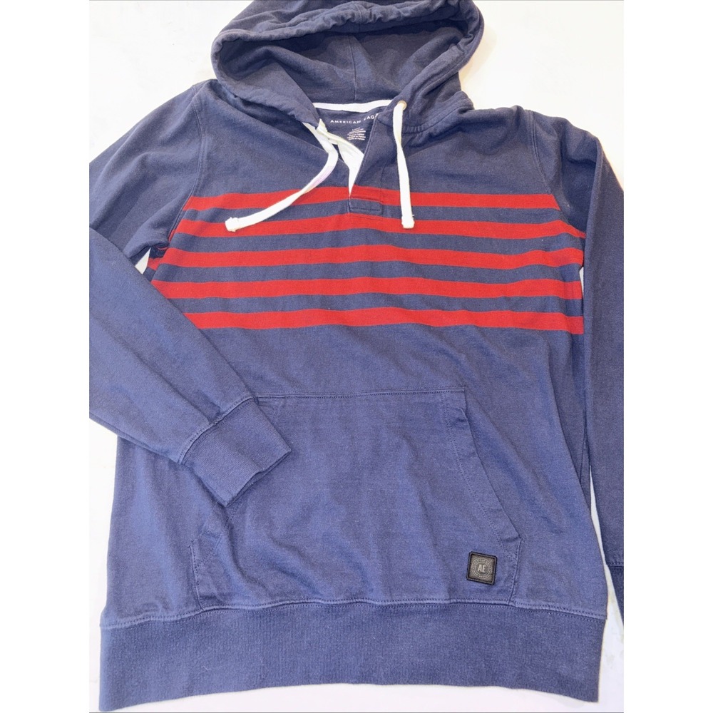American Eagle Hoodie Mens L Striped Pullover Sweatshirt Blue Red Rugby‎ USA
